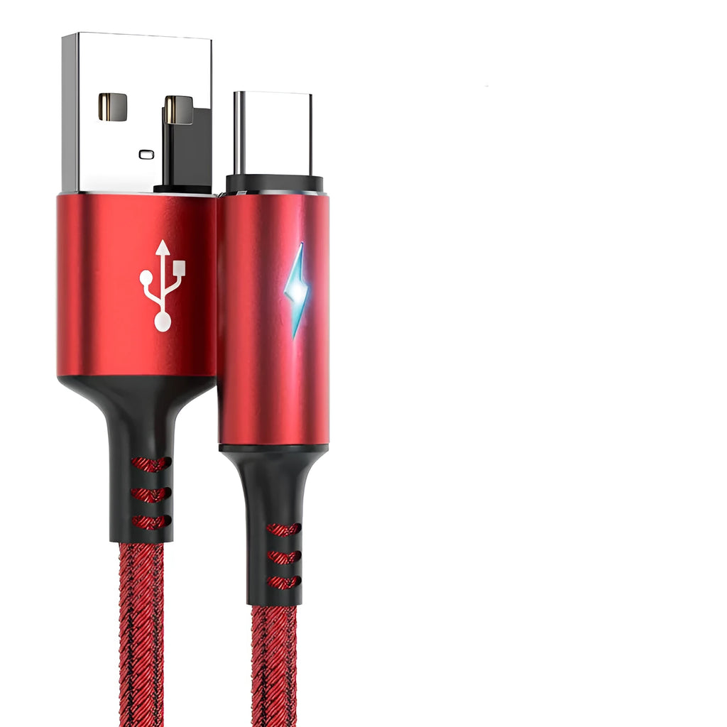 USB data cable compatible with Apple iPhone and Android phones in black red or purple colours