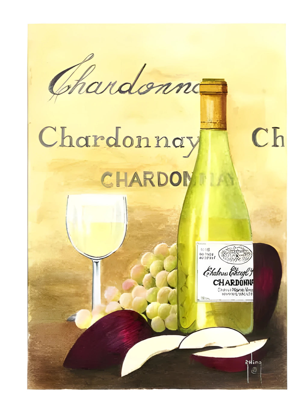 Apple And Chardonnay DIY diamond painting kit components on linen canvas with brushes and paints