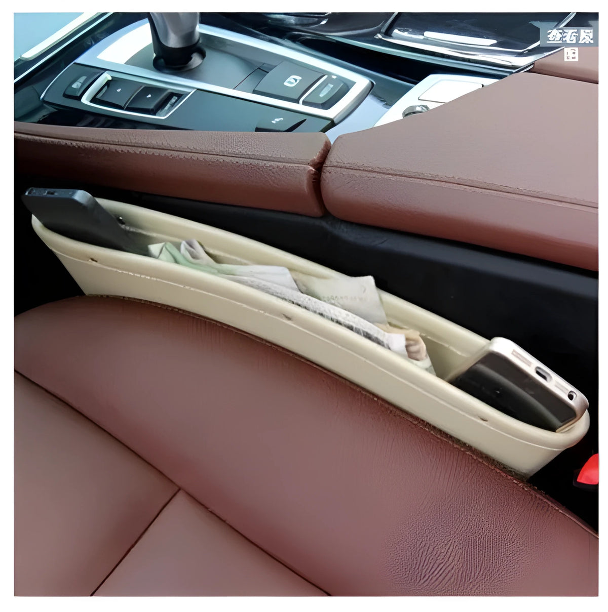 Leather car seat gap storage box in black, beige, brown or grey, 30.5 x 11.5 x 37 mm