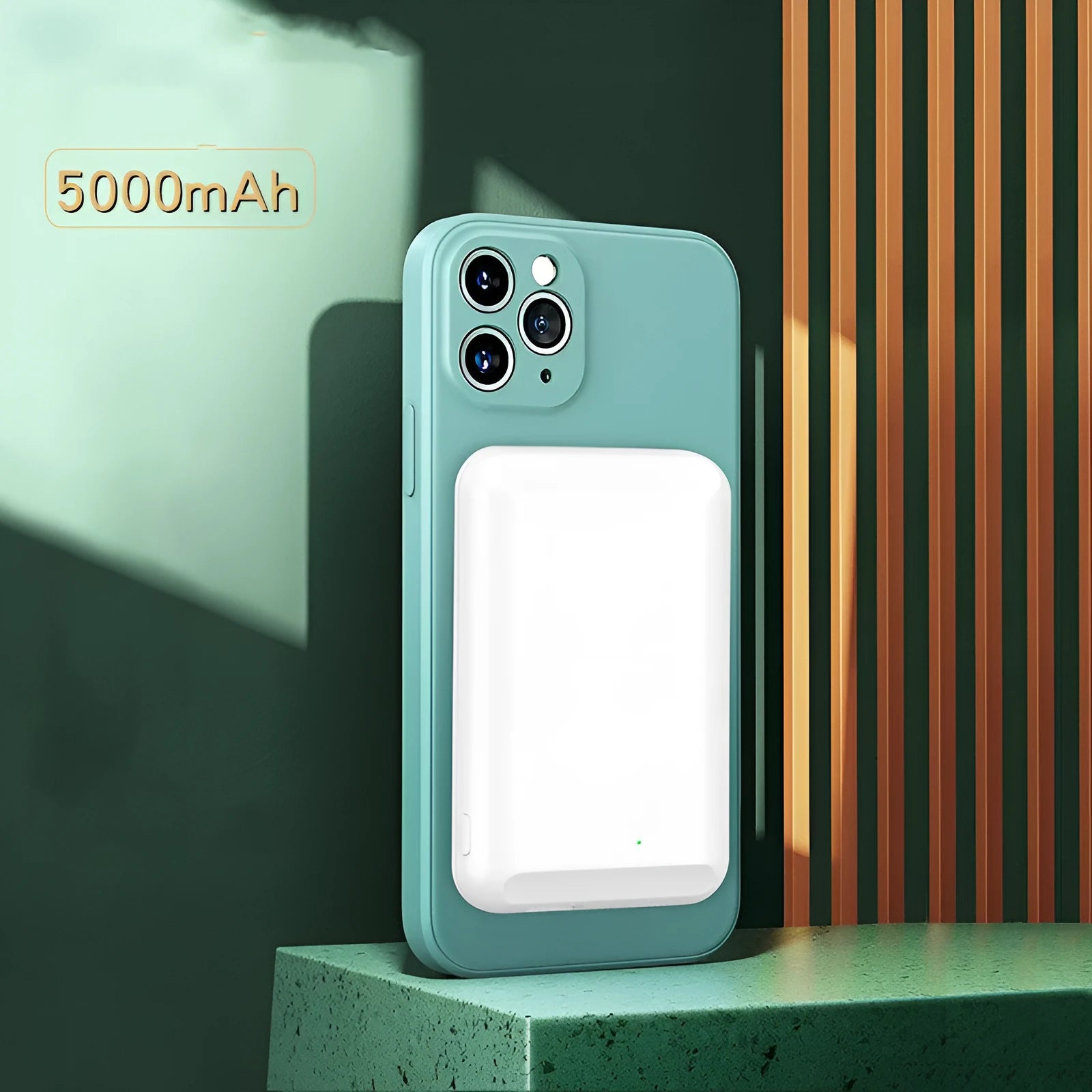 Magnetic wireless power bank in various colours attached to a mobile phone.