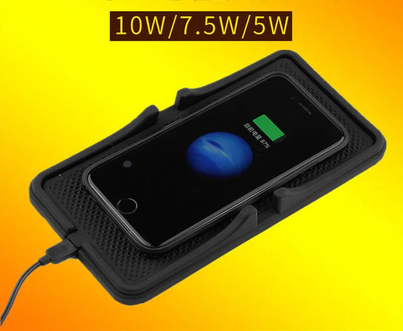 Wireless charging phone holder and anti-skid pad for car or home use, QI compatible, available in 5W to 18W options
