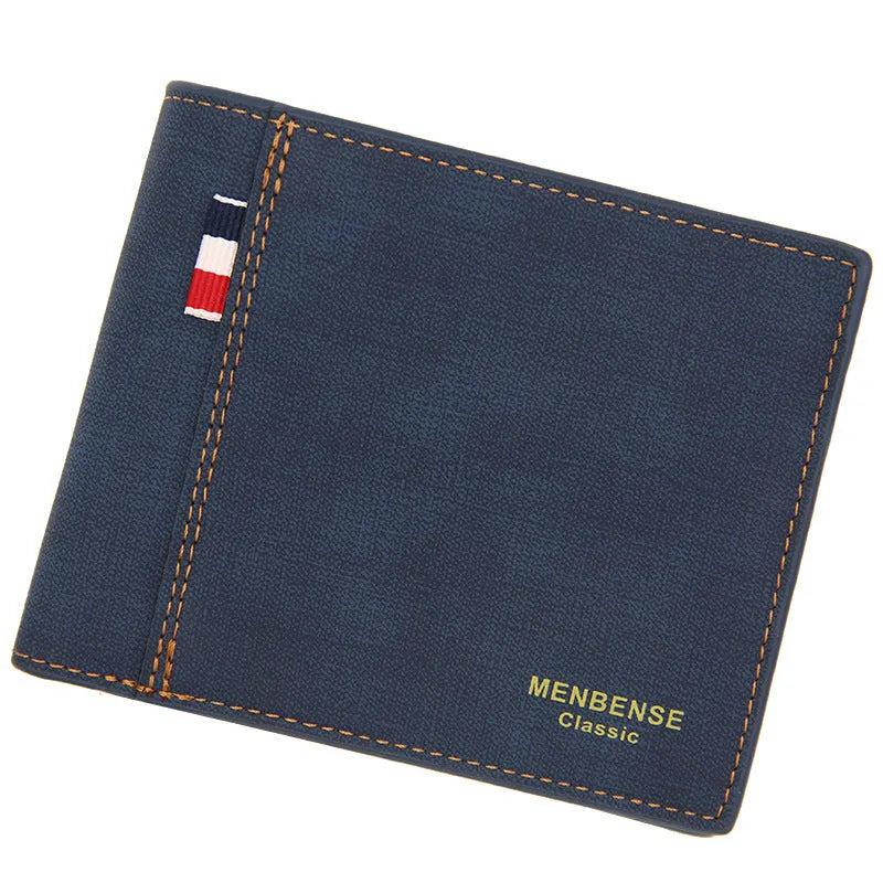 Men's tri-fold wallet in black showing multiple compartments for cards and cash storage