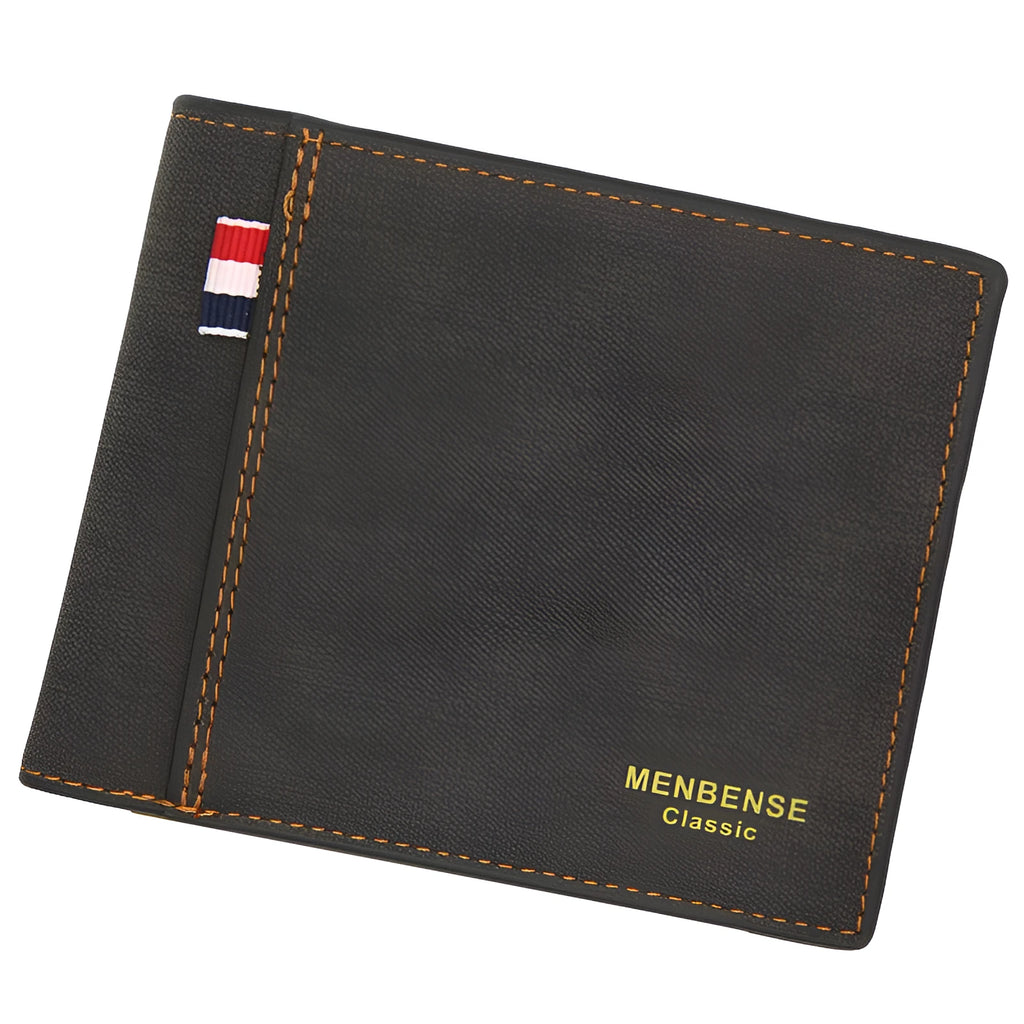 Men's tri-fold wallet in black showing multiple compartments for cards and cash storage