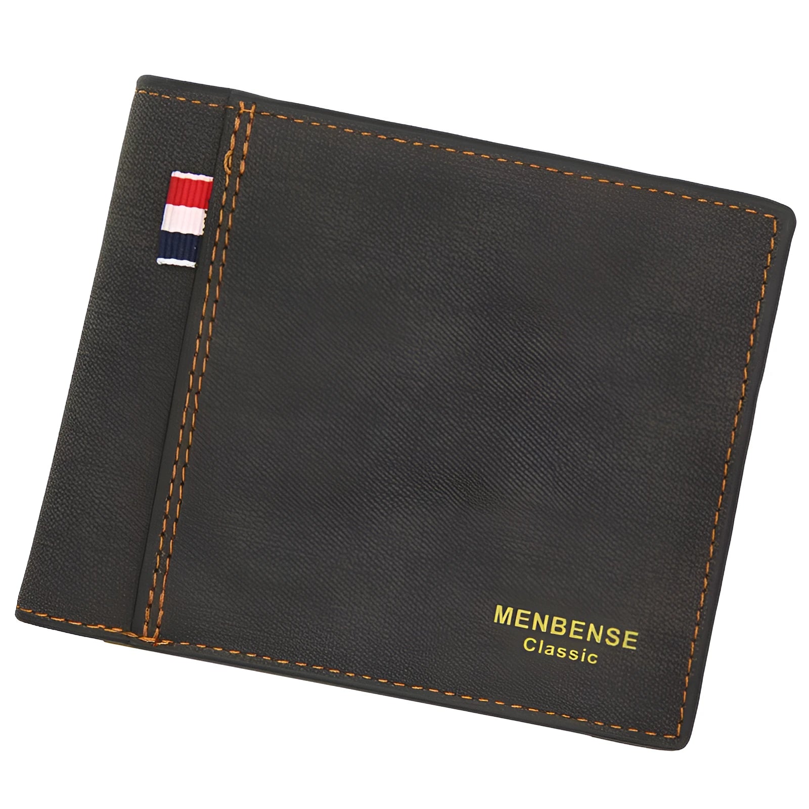 Men's tri-fold wallet in black showing multiple compartments for cards and cash storage
