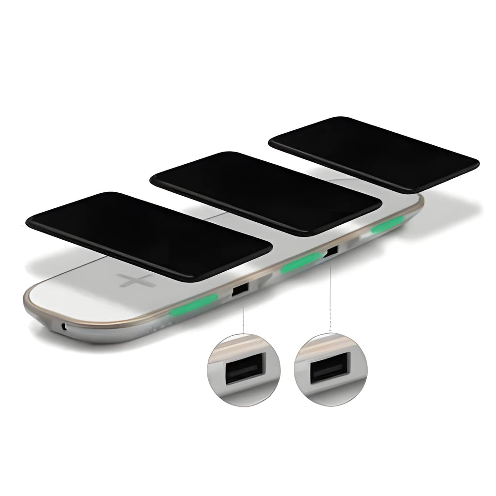 Black Qi wireless charging pad on desk charging smartphone