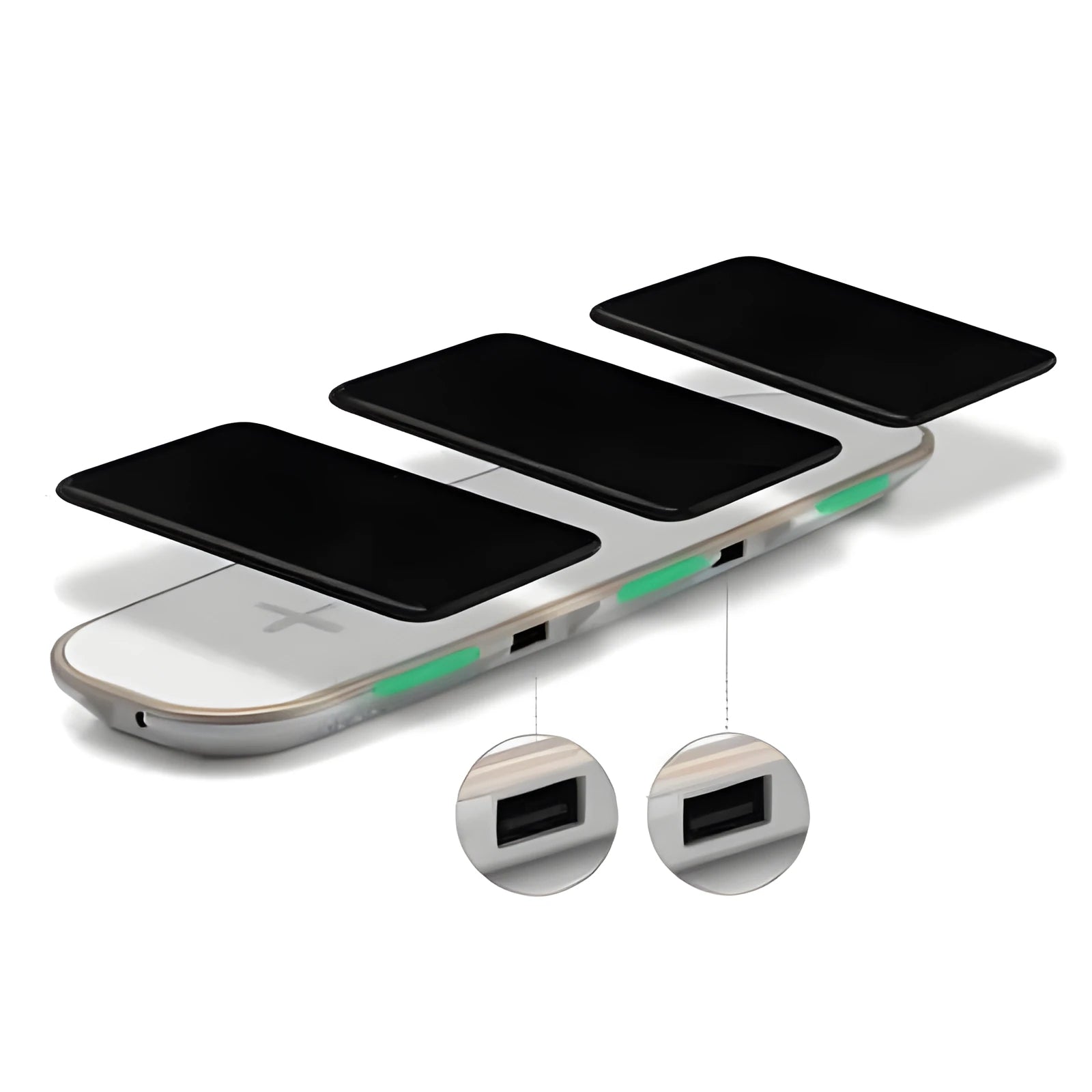 Black Qi wireless charging pad on desk charging smartphone