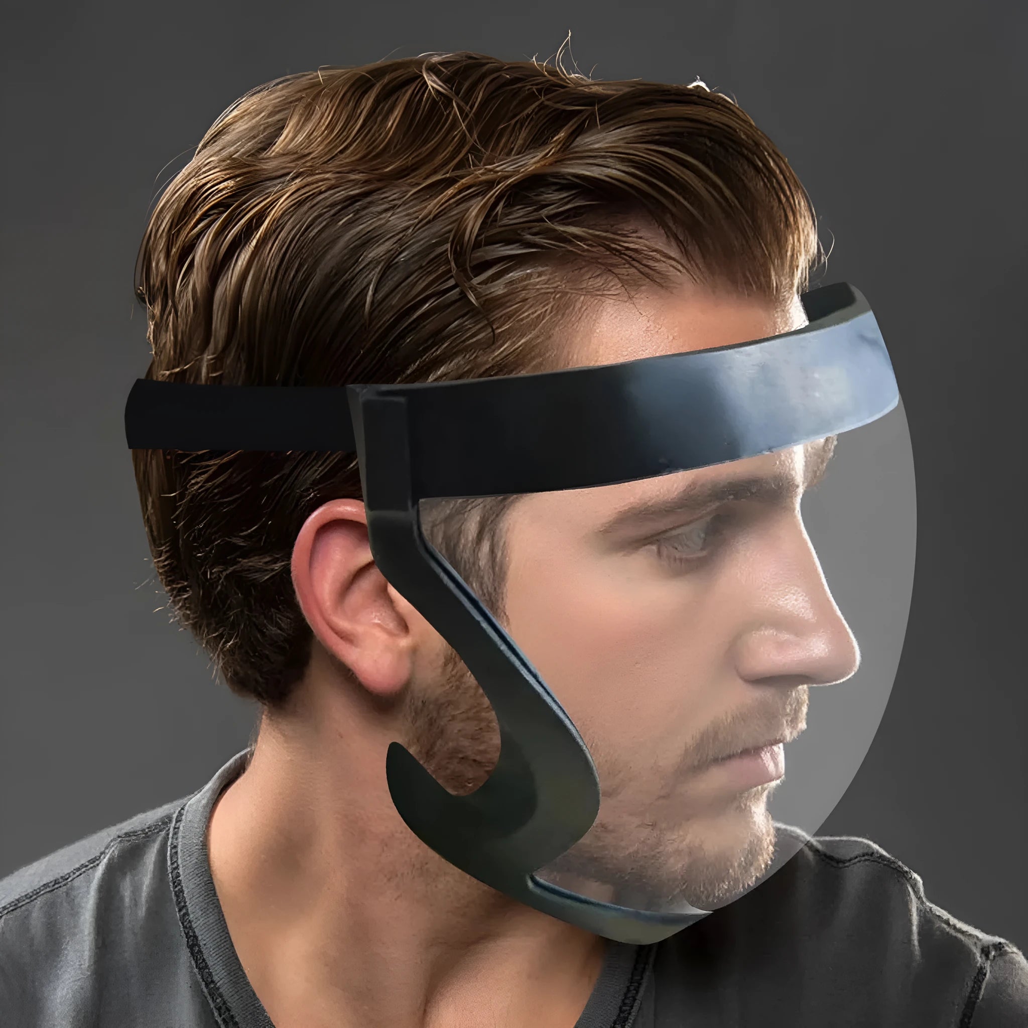 Transparent full face sports mask with edging, 21x16cm, clear plastic, lightweight reusable protection