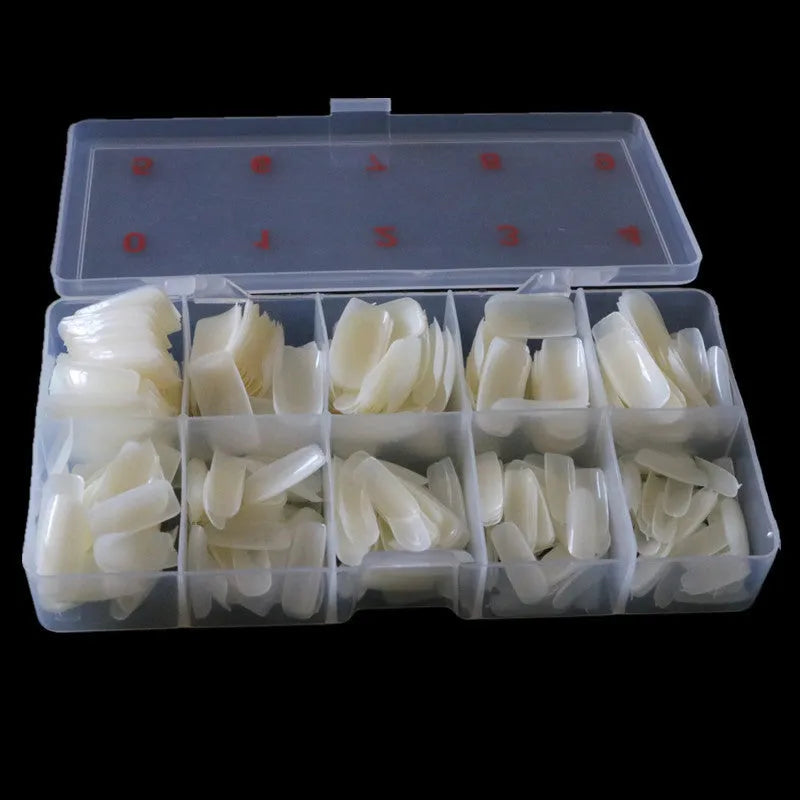 500-piece box of transparent natural white nail armour pieces with full and half pasted options