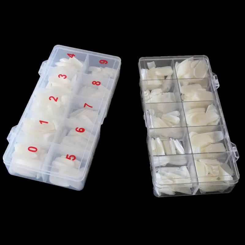 500-piece box of transparent natural white nail armour pieces with full and half pasted options