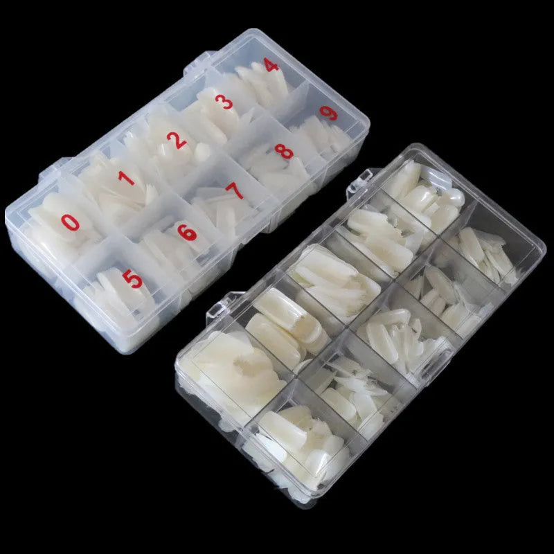 500-piece box of transparent natural white nail armour pieces with full and half pasted options