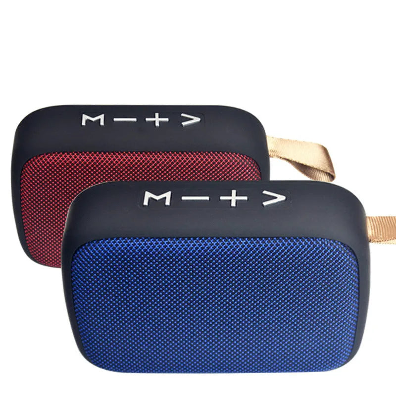 Square portable Bluetooth speaker with USB and U disk playback, 117x79x39mm, available in black, blue, green, grey, and red.