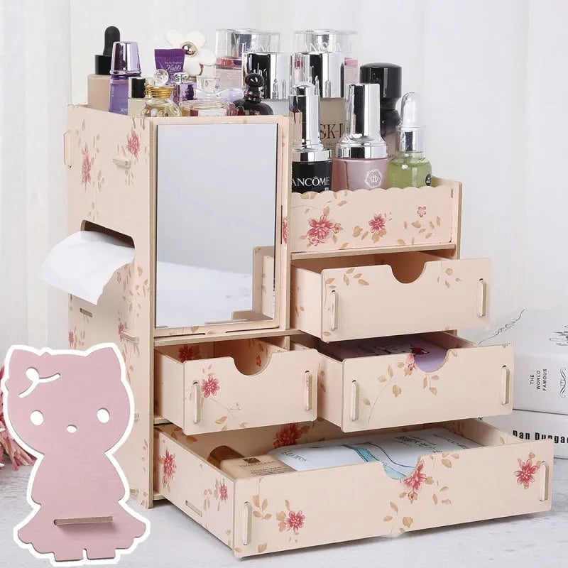 Wooden cosmetic storage box with drawers for makeup and jewellery organisation
