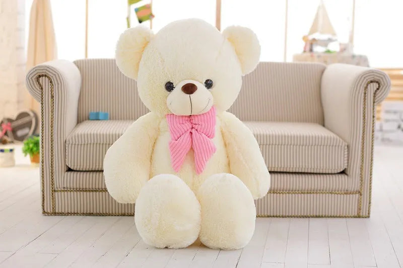 Large 80cm hug bear plush toy in short plush with PP cotton filling, shown in beige, blue, or pink