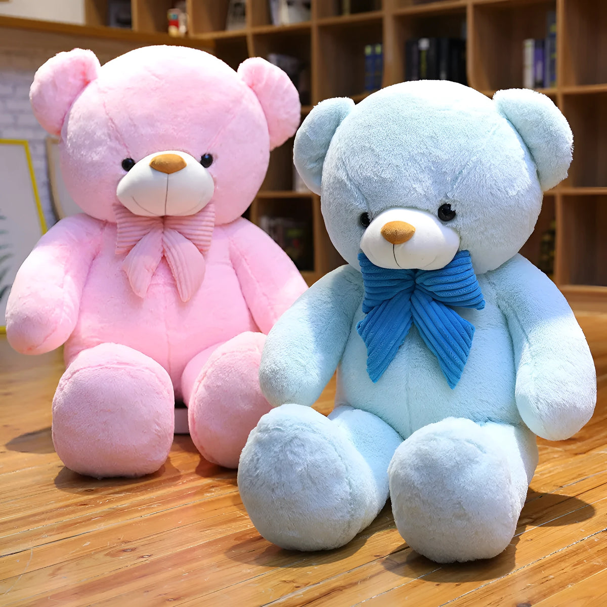 Large 80cm hug bear plush toy in short plush with PP cotton filling, shown in beige, blue, or pink