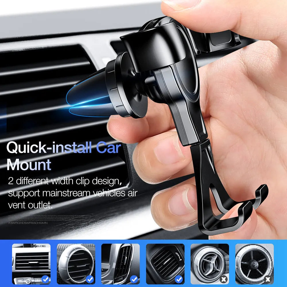 Black plastic car phone holder clipped to a car air vent with a smartphone inserted