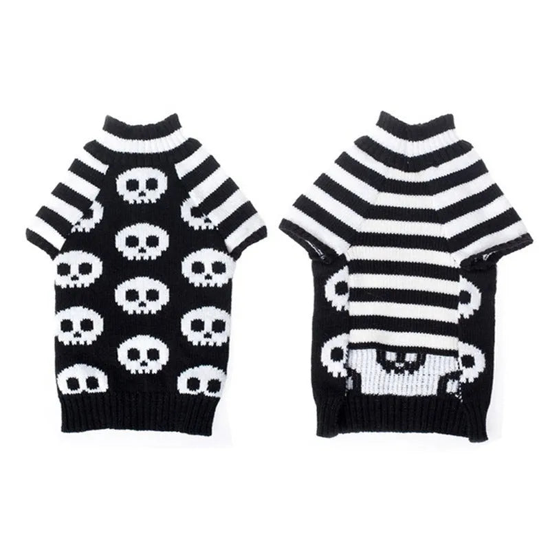 Black acrylic skull-patterned dog Halloween sweater on a small dog, sizes XXS to XL available