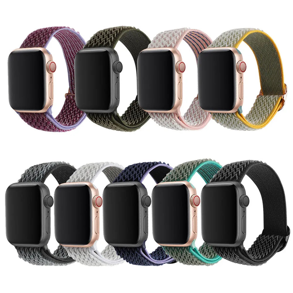 Braided nylon elastic strap for Apple Watch in wave pattern, showing adjustable fit on wrist.