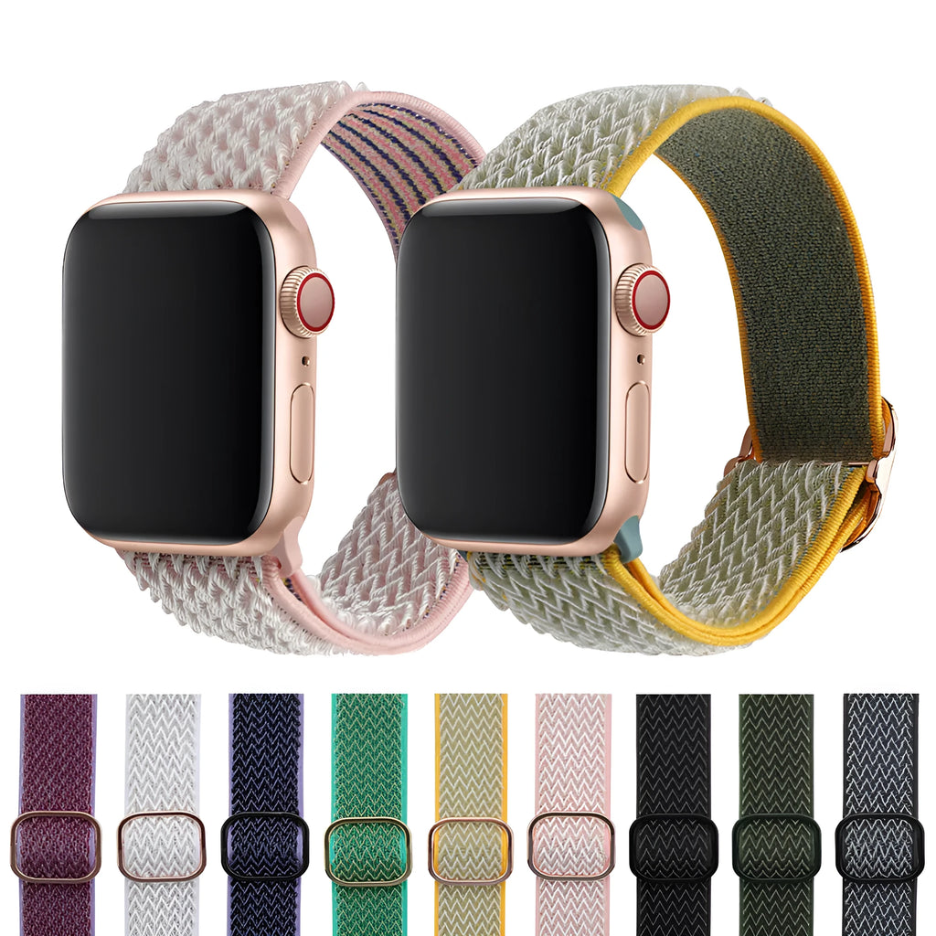 Braided nylon elastic strap for Apple Watch in wave pattern, showing adjustable fit on wrist.