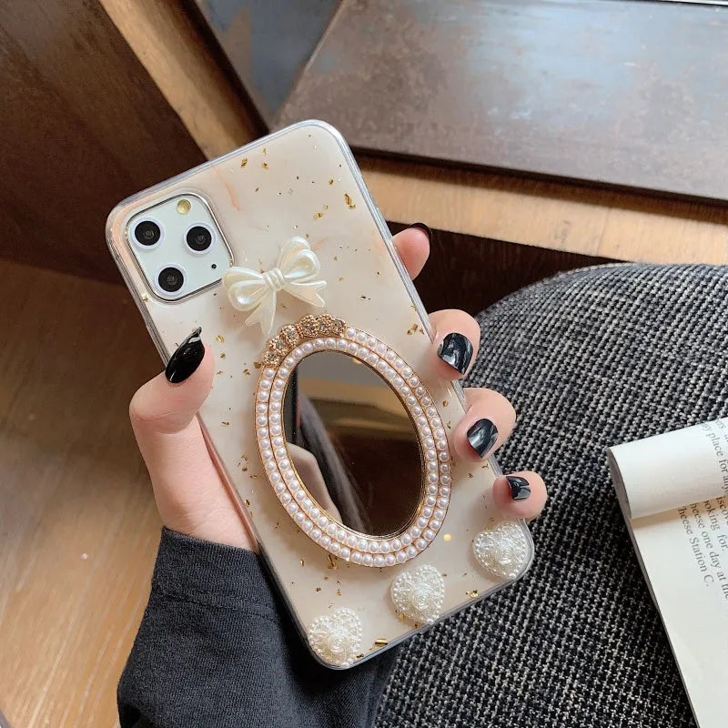 Brown marble pattern iPhone case with rhinestone bowknot and mirror detail