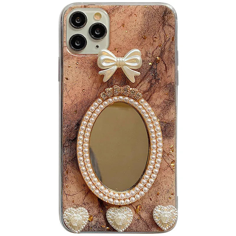 Brown marble pattern iPhone case with rhinestone bowknot and mirror detail