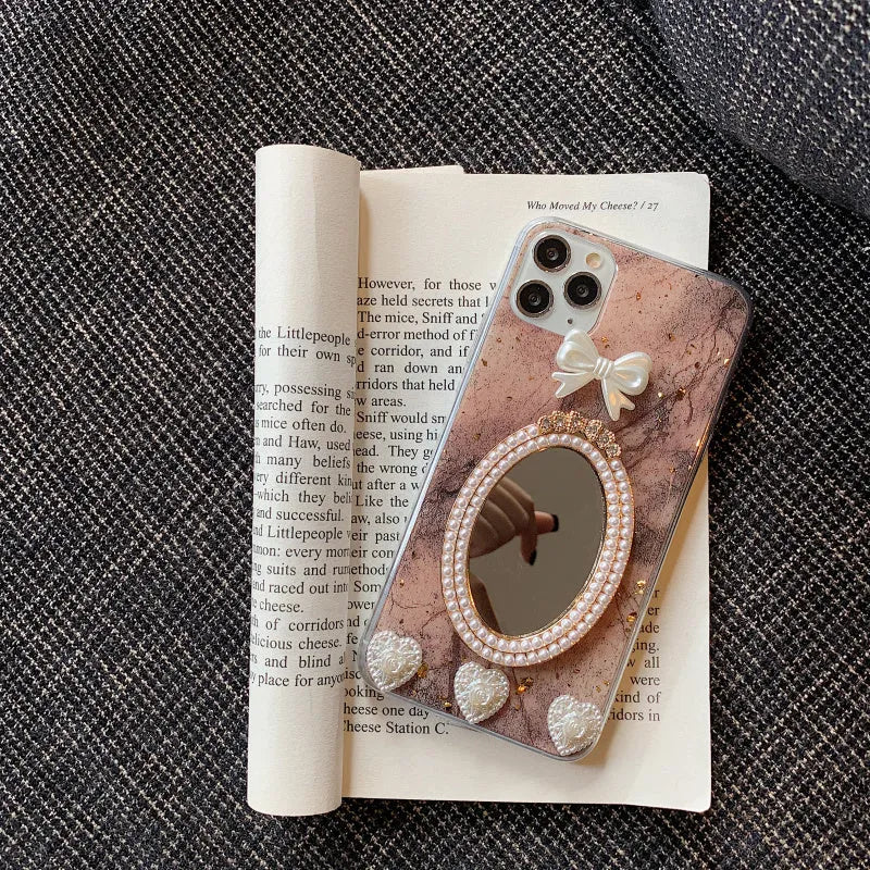 Brown marble pattern iPhone case with rhinestone bowknot and mirror detail