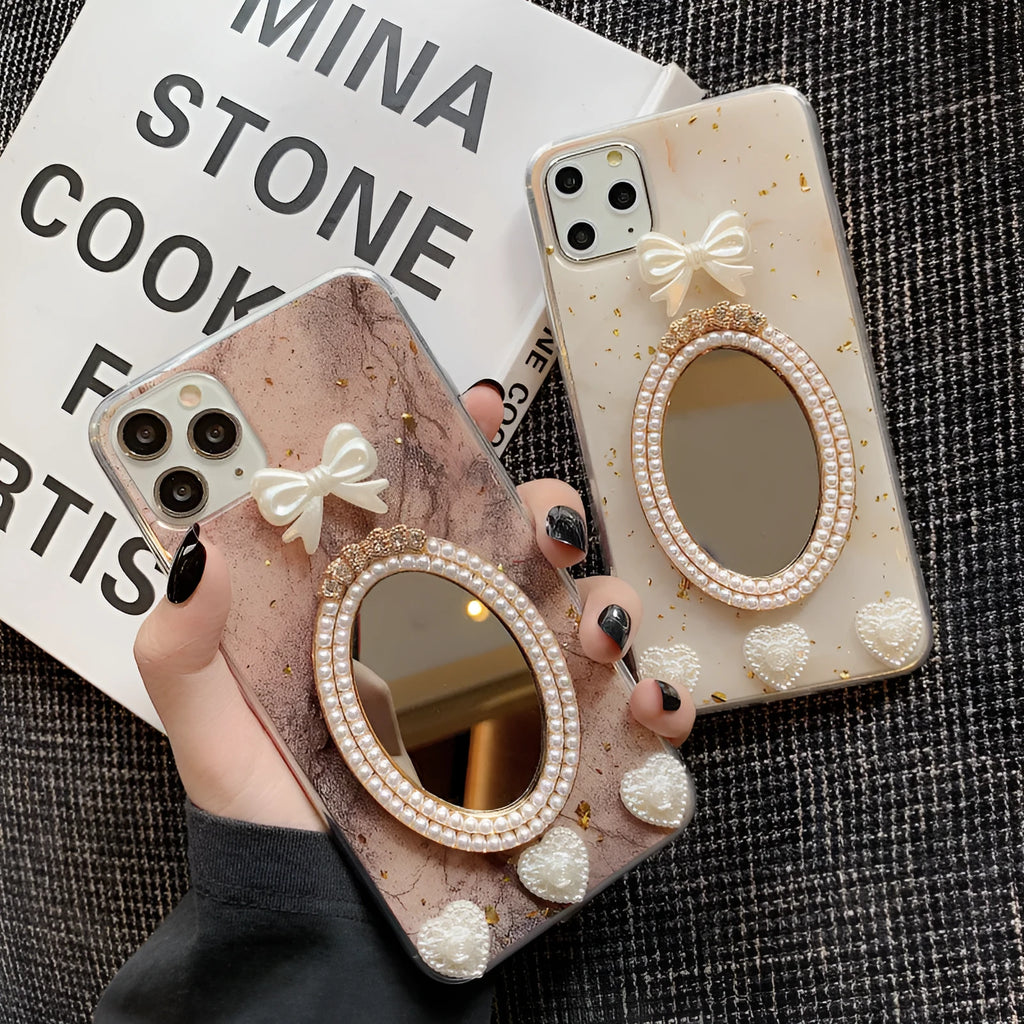 Brown marble pattern iPhone case with rhinestone bowknot and mirror detail