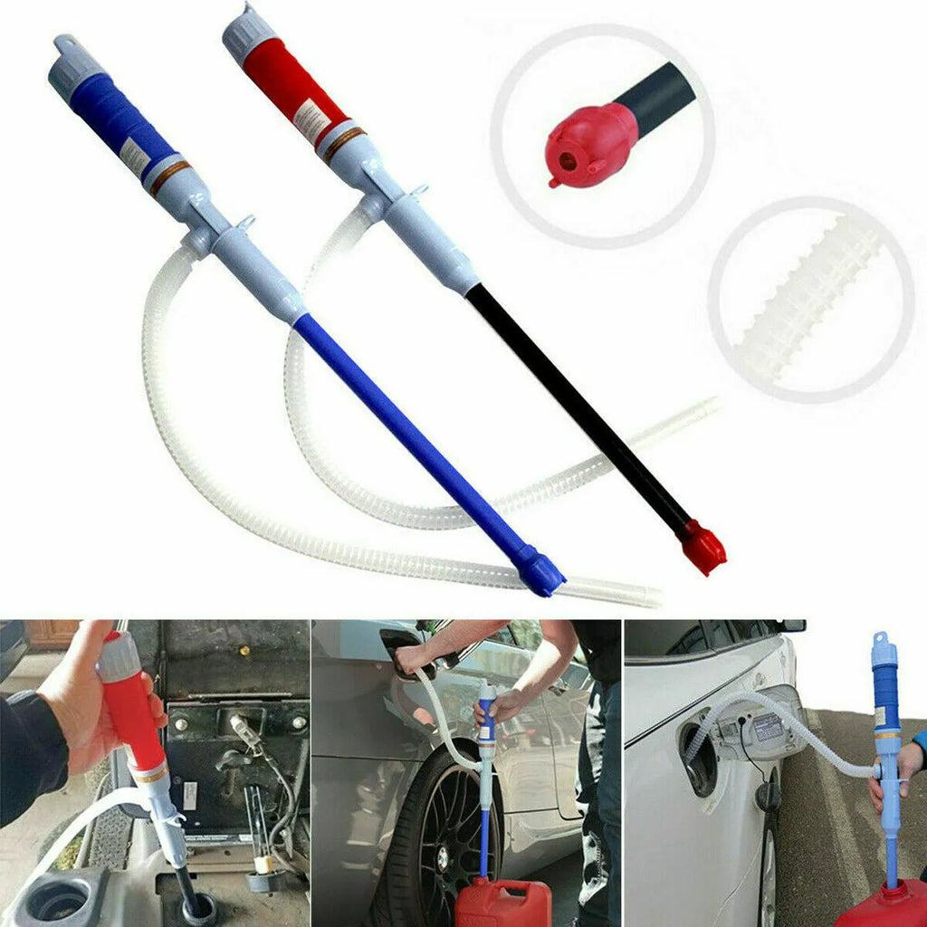 Blue and red manual plastic fuel transfer hand pump with tubing