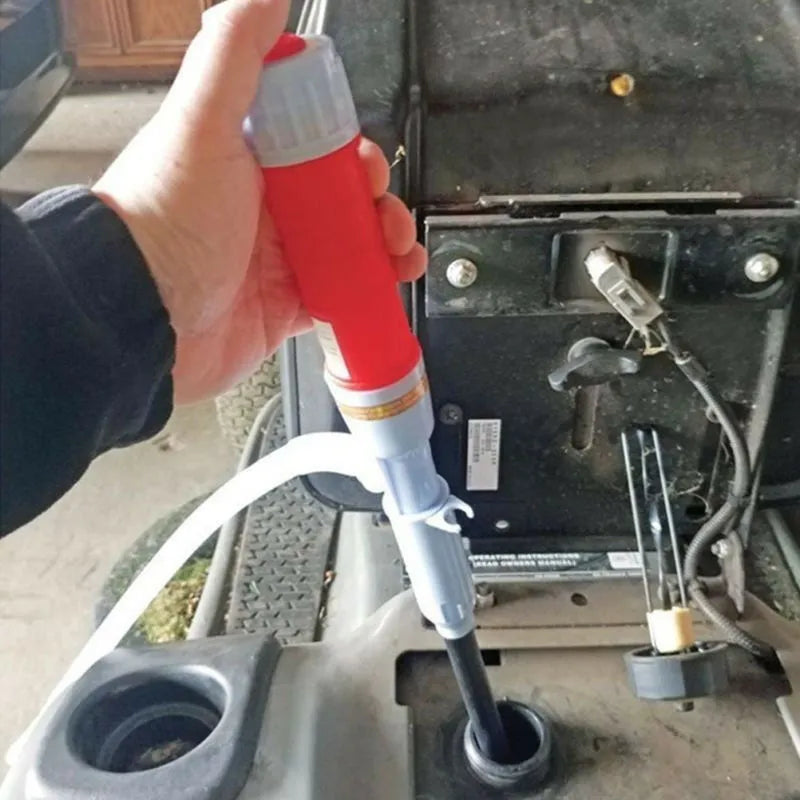 Blue and red manual plastic fuel transfer hand pump with tubing
