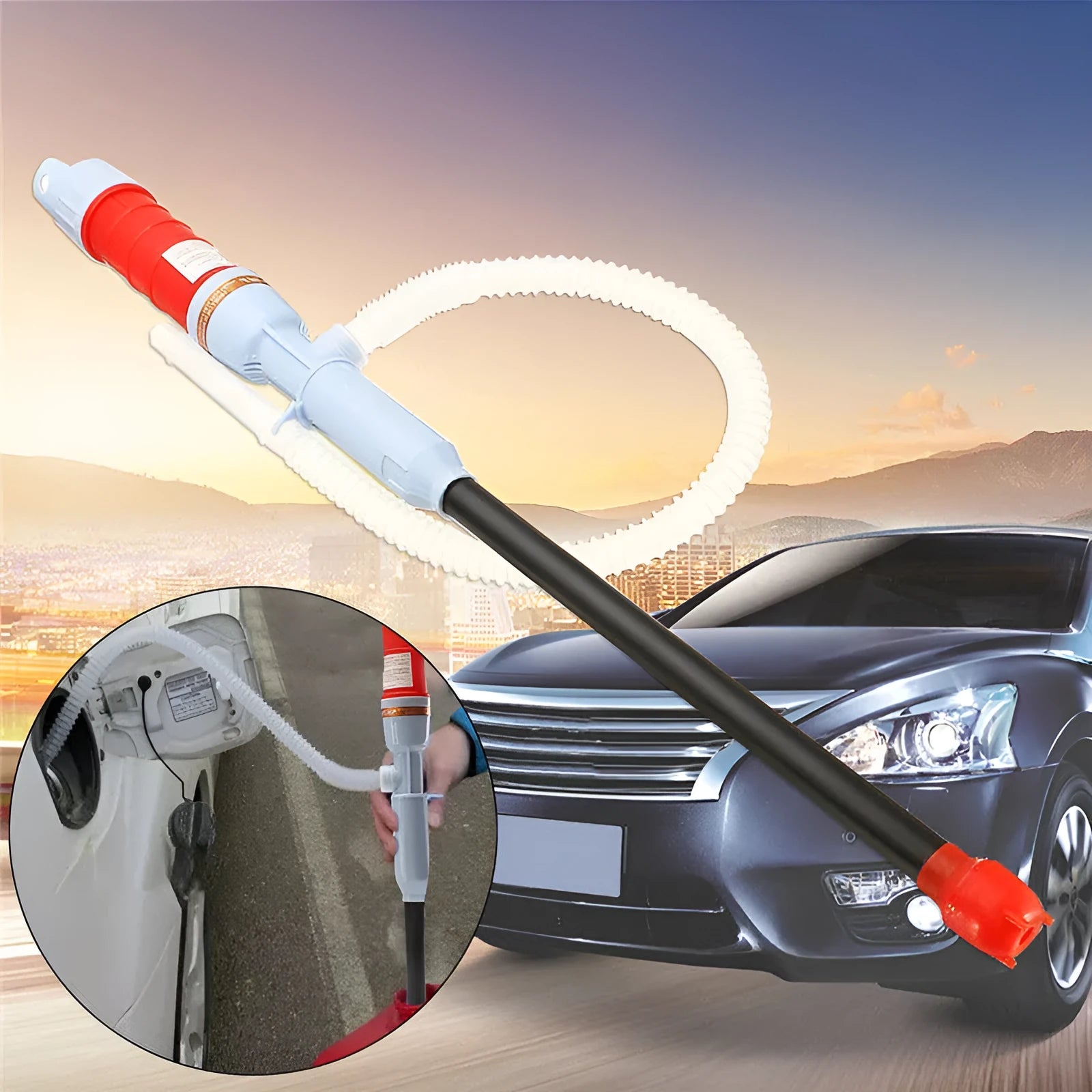 Blue and red manual plastic fuel transfer hand pump with tubing