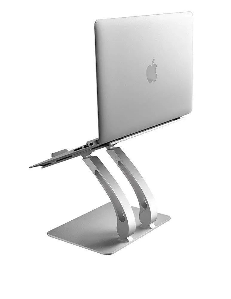 Folding aluminium alloy laptop and tablet stand on a desk, shown in black colour with a laptop placed on top.