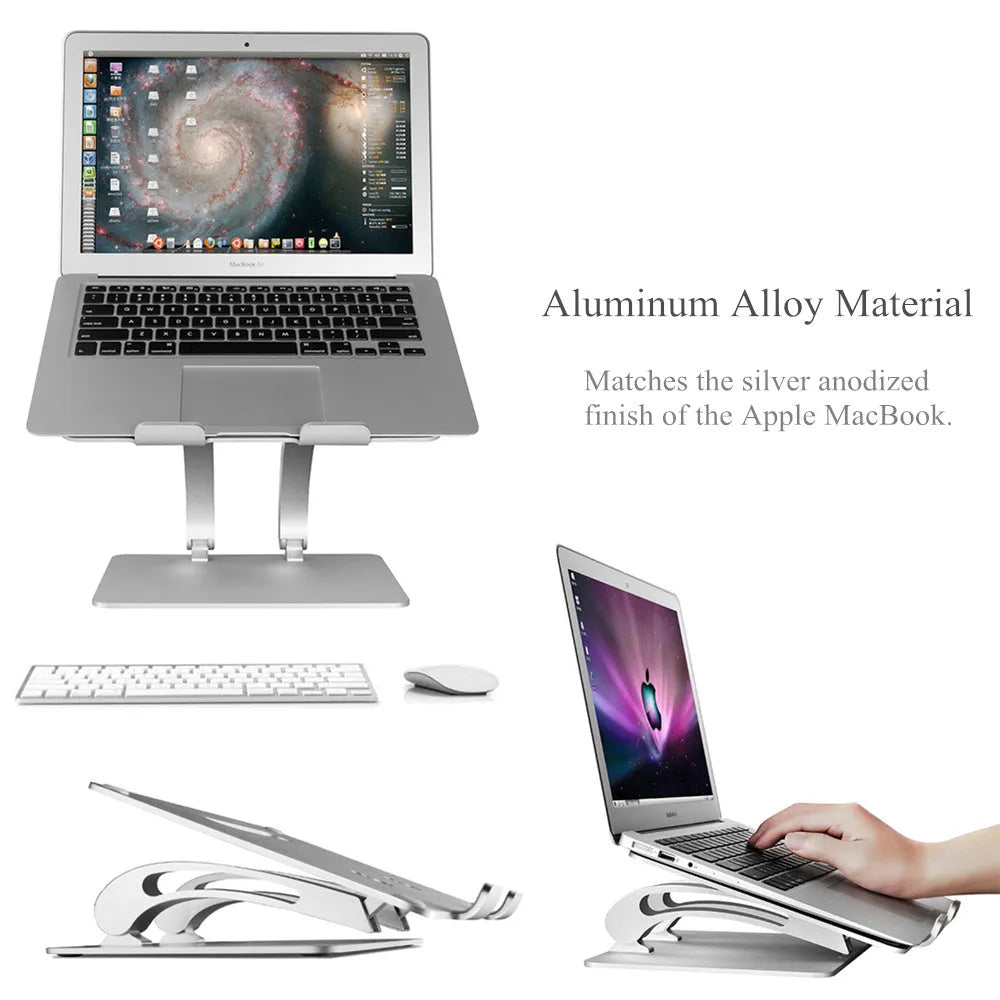 Folding aluminium alloy laptop and tablet stand on a desk, shown in black colour with a laptop placed on top.