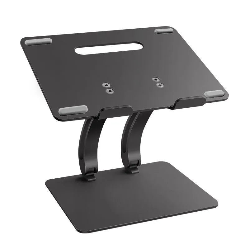 Folding aluminium alloy laptop and tablet stand on a desk, shown in black colour with a laptop placed on top.