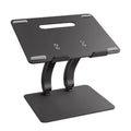 Folding aluminium alloy laptop and tablet stand on a desk, shown in black colour with a laptop placed on top.