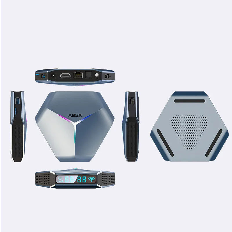 Android TV set-top box with remote control and cables for 8K media playback.