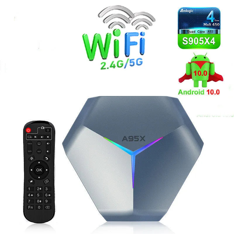 Android TV set-top box with remote control and cables for 8K media playback.