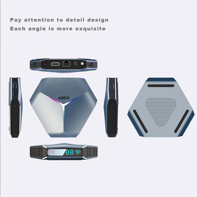 Android TV set-top box with remote control and cables for 8K media playback.