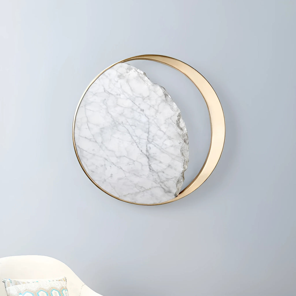 Round marble and copper eclipse art design LED wall lamp with a diameter of 25cm.