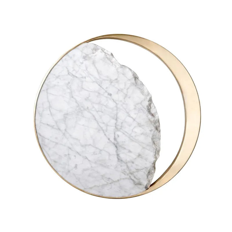 Round marble and copper eclipse art design LED wall lamp with a diameter of 25cm.