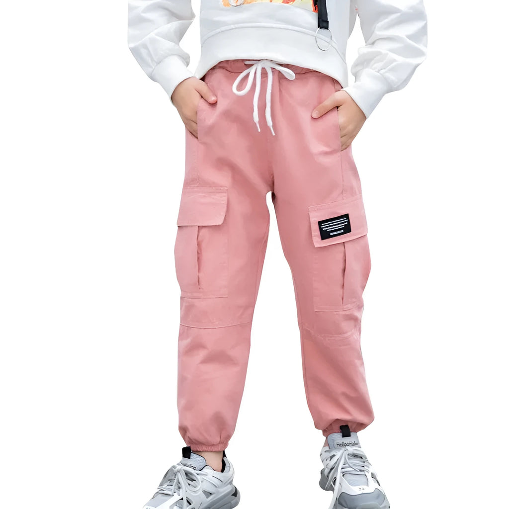 Children's cotton workwear trousers in black, khaki, or pink, sizes 110-160cm, with elastic waist and plus-velvet options.