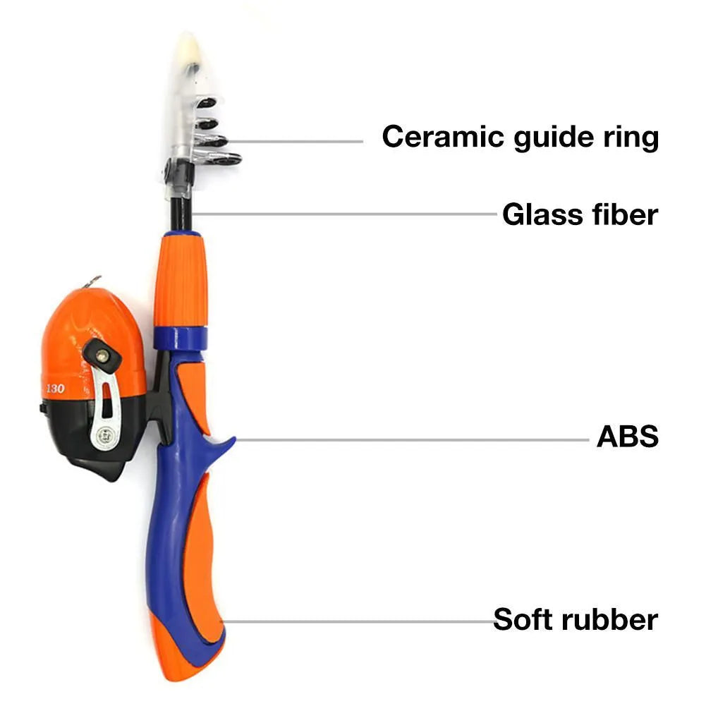 Set Gun Handle Telescopic Lure Rod – four-piece fibreglass fishing rod set in orange, red, and blue with gun handle grip