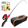 Set Gun Handle Telescopic Lure Rod – four-piece fibreglass fishing rod set in orange, red, and blue with gun handle grip