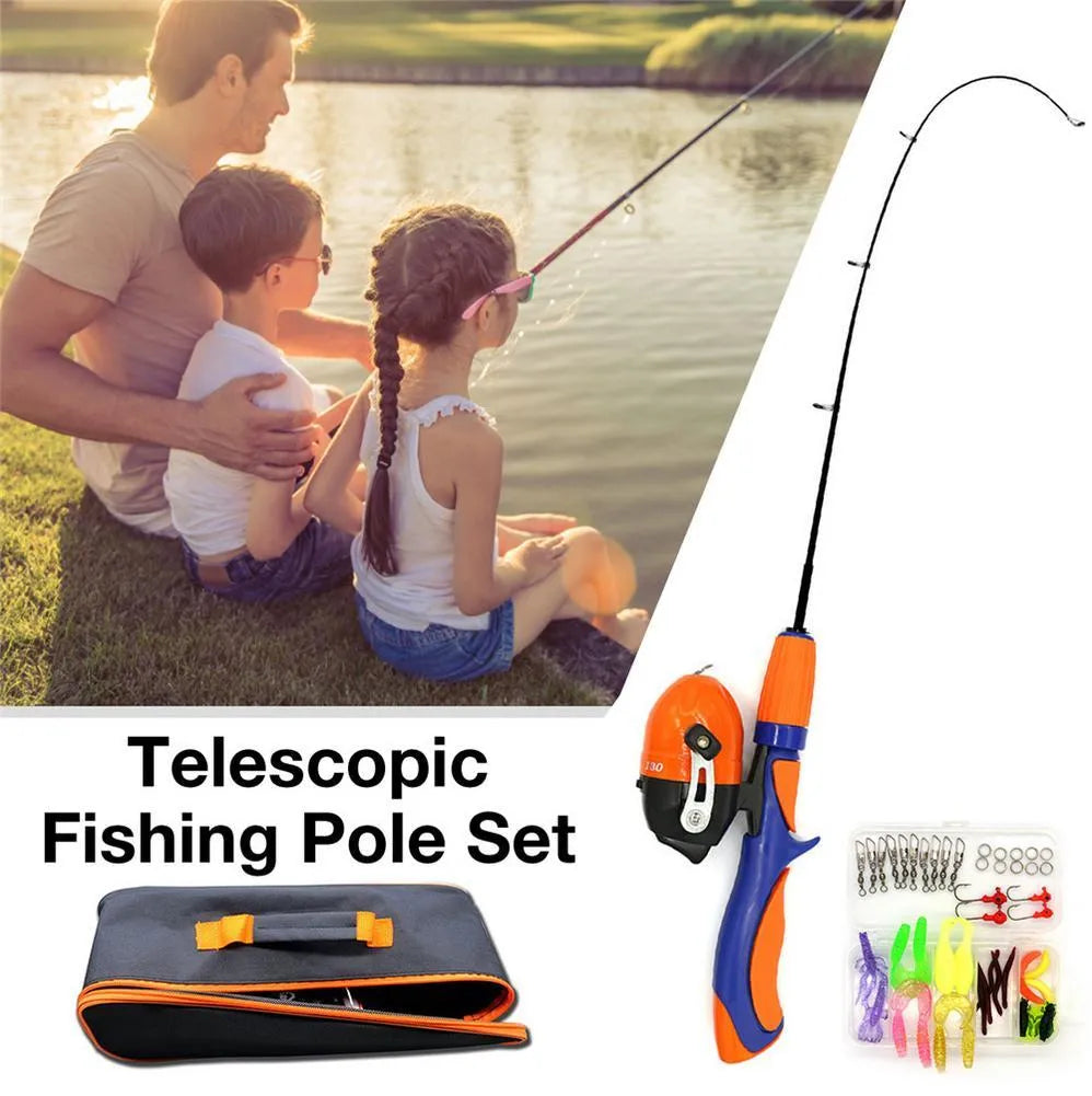 Set Gun Handle Telescopic Lure Rod – four-piece fibreglass fishing rod set in orange, red, and blue with gun handle grip