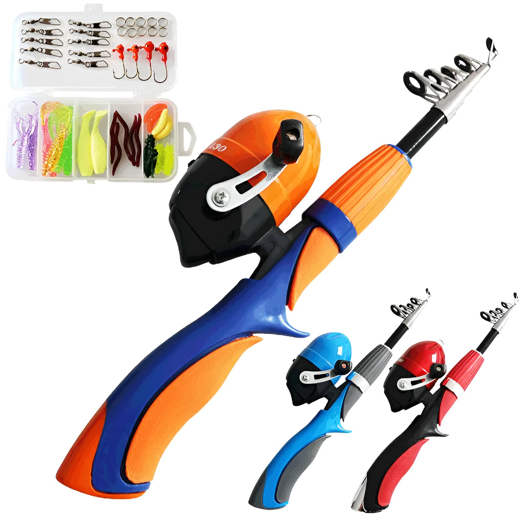 Set Gun Handle Telescopic Lure Rod – four-piece fibreglass fishing rod set in orange, red, and blue with gun handle grip
