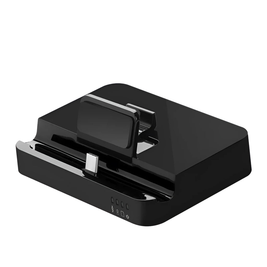 Black mobile phone dock converter with HDMI and USB ports on a wooden desk