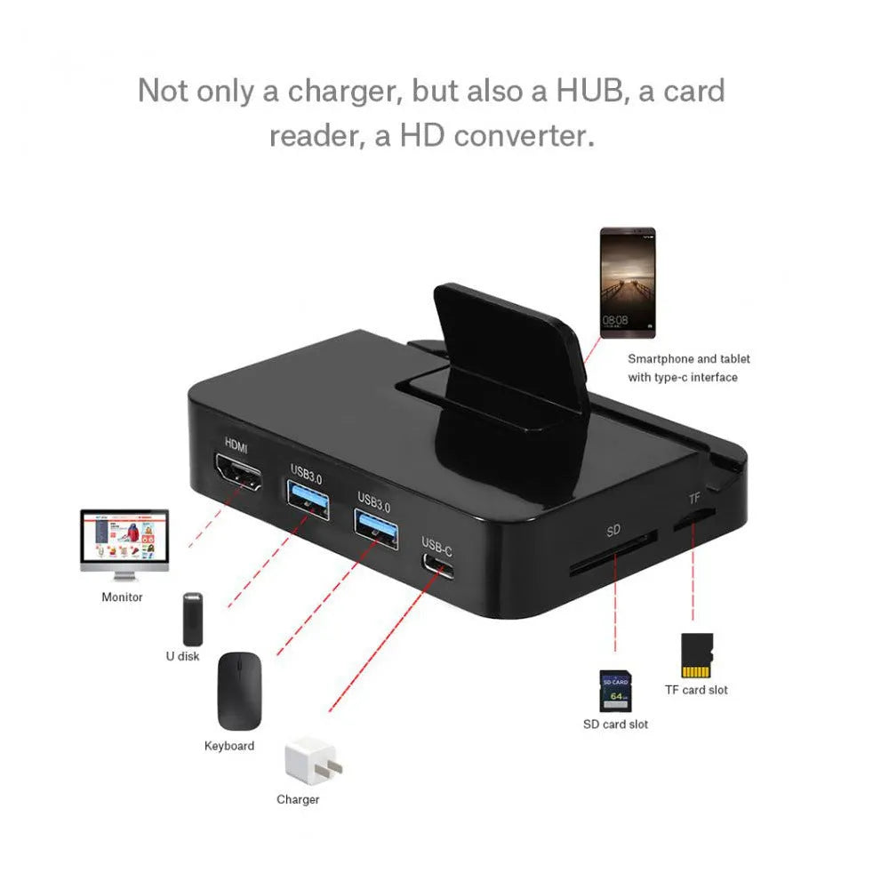 Black mobile phone dock converter with HDMI and USB ports on a wooden desk