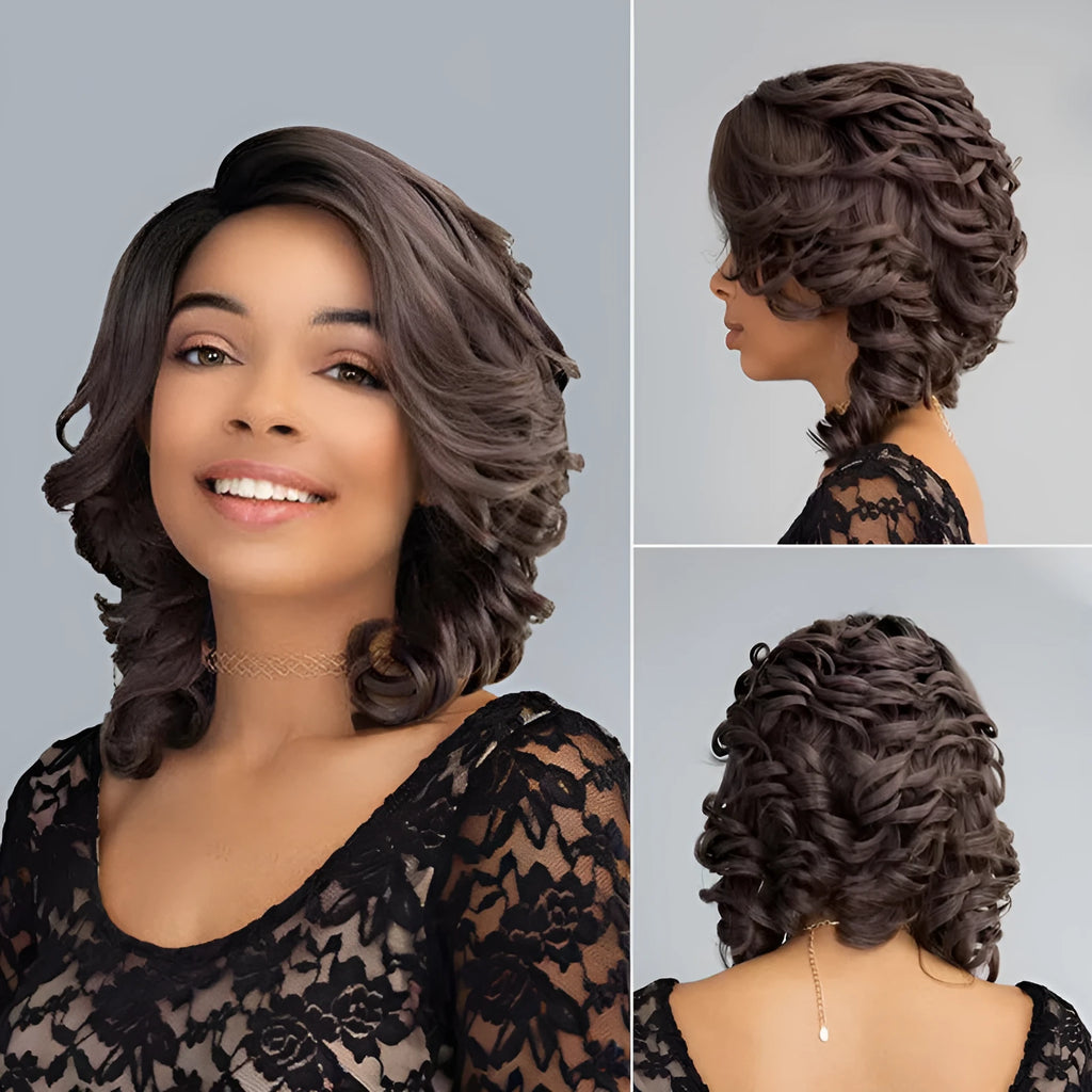 Black wave wig headgear with oblique bangs, high temperature wire, dyeable and ironable, one wig