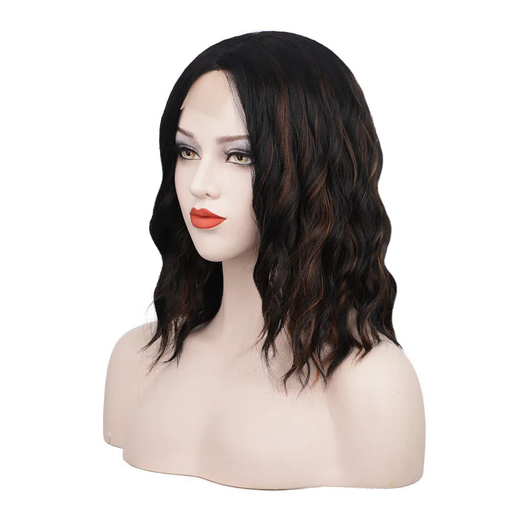 Short curly front lace wig 15 inch 38cm high temperature silk fibre black brown