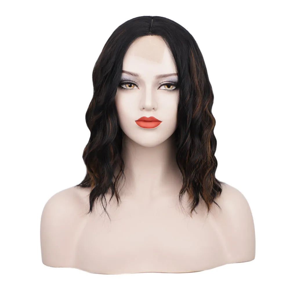 Short curly front lace wig 15 inch 38cm high temperature silk fibre black brown