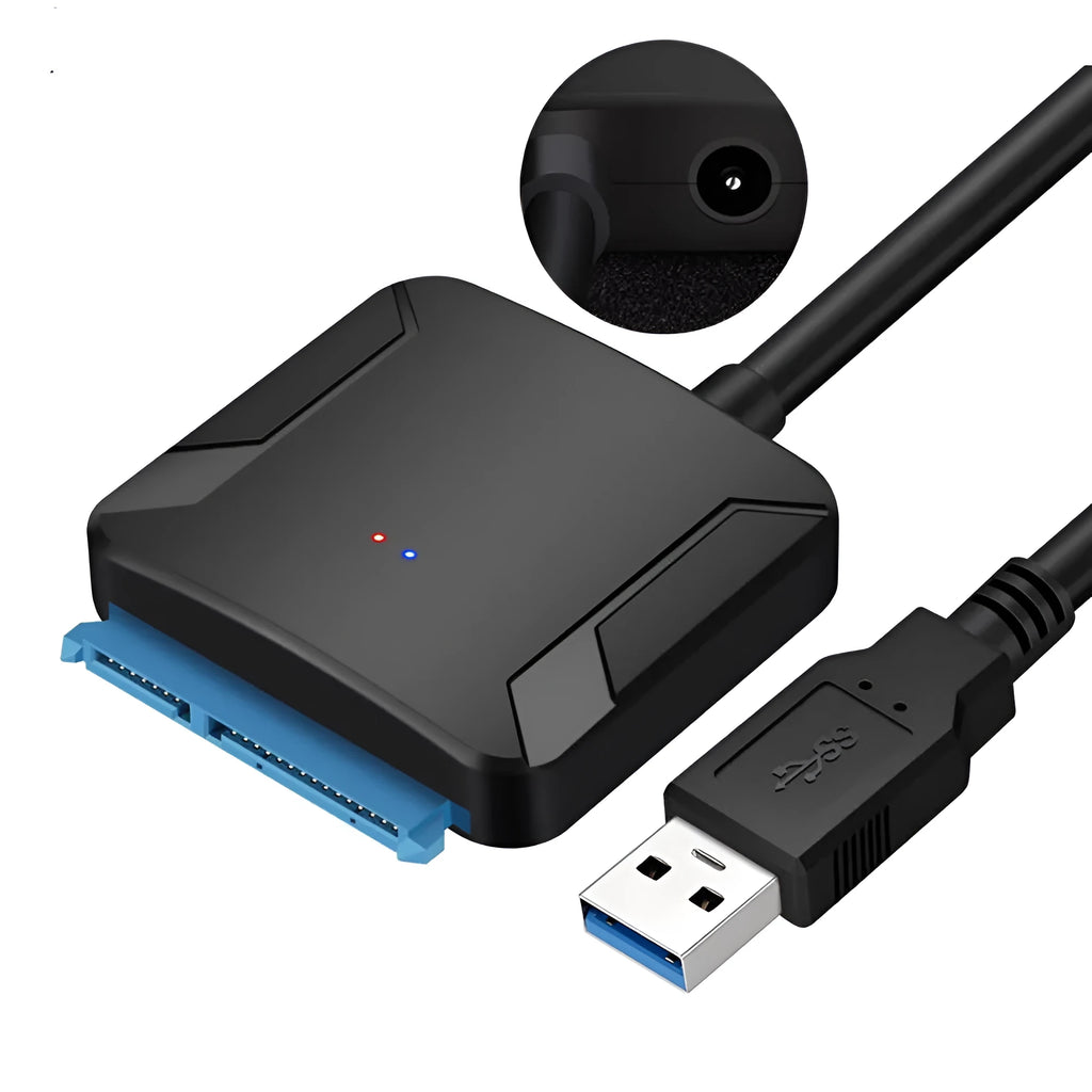 Black USB 3.0 to SATA adapter cable for connecting hard drives to computers