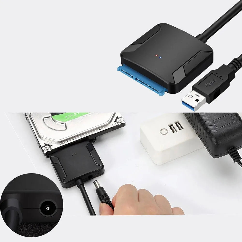 Black USB 3.0 to SATA adapter cable for connecting hard drives to computers